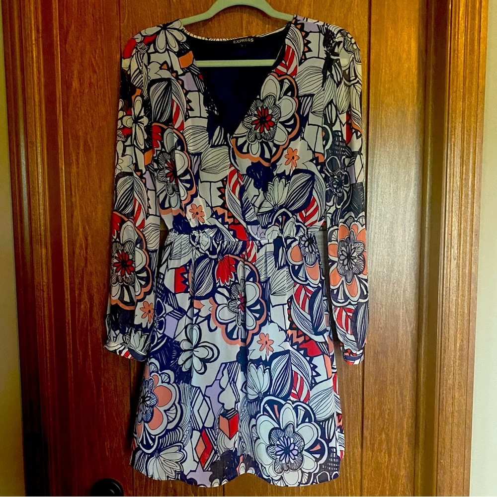 Express Floral Long Sleeve Deep V Neck Dress SM